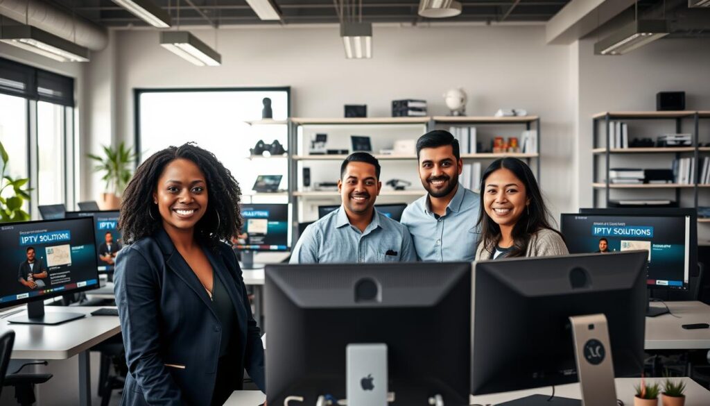 A vibrant and welcoming support team for IPTV Prime, set in a modern office environment. In the foreground, three diverse team members are smiling and engaging with customers; one is a Black woman in a smart navy blazer, another is a South Asian man in a light grey shirt, and a Hispanic woman in a business casual outfit. They are surrounded by sleek desks with multiple computer screens displaying IPTV solutions. In the middle ground, shelves filled with tech gadgets and helpful resource materials create a sense of readiness. In the background, bright, natural light streams through large windows, adding a warm, inviting atmosphere. The overall mood is professional and approachable, showcasing the dedicated support at iptvmaxcanada.com, with a focus on assistance and customer care. A vibrant and welcoming support team for IPTV Prime, set in a modern office environment. In the foreground, three diverse team members are smiling and engaging with customers; one is a Black woman in a smart navy blazer, another is a South Asian man in a light grey shirt, and a Hispanic woman in a business casual outfit. They are surrounded by sleek desks with multiple computer screens displaying IPTV solutions. In the middle ground, shelves filled with tech gadgets and helpful resource materials create a sense of readiness. In the background, bright, natural light streams through large windows, adding a warm, inviting atmosphere. The overall mood is professional and approachable, showcasing the dedicated support at iptvmaxcanada.com, with a focus on assistance and customer care.