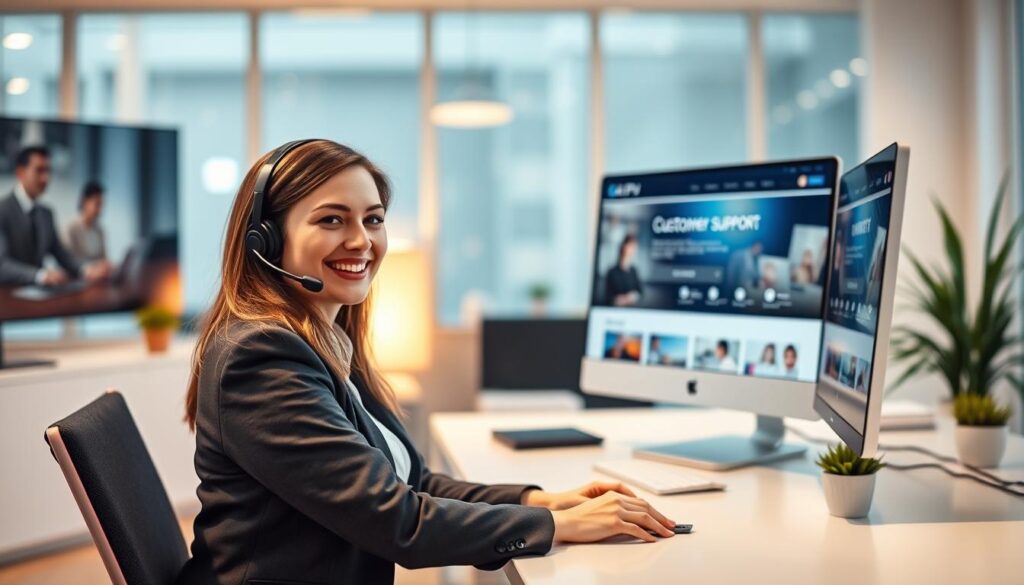 A vibrant depiction of exceptional customer support at CA IPTV, showcasing a friendly support representative at work. In the foreground, a professional woman in a smart business attire sits at a sleek desk, engaged in a conversation with a headset on, smiling warmly. In the middle ground, a large computer screen displays the CA IPTV website, with visible customer support features. To the background, a modern office environment with soft ambient lighting accentuates a sense of warmth and professionalism. Natural light filters in from large windows, creating a welcoming atmosphere. The mood is friendly and supportive, embodying a dedication to customer care. The image should clearly convey attentiveness and reliability, emphasizing the theme of exceptional 24/7 customer support. Include the brand name "iptvmaxcanada.com" subtly in a piece of visible branding within the office. A vibrant depiction of exceptional customer support at CA IPTV, showcasing a friendly support representative at work. In the foreground, a professional woman in a smart business attire sits at a sleek desk, engaged in a conversation with a headset on, smiling warmly. In the middle ground, a large computer screen displays the CA IPTV website, with visible customer support features. To the background, a modern office environment with soft ambient lighting accentuates a sense of warmth and professionalism. Natural light filters in from large windows, creating a welcoming atmosphere. The mood is friendly and supportive, embodying a dedication to customer care. The image should clearly convey attentiveness and reliability, emphasizing the theme of exceptional 24/7 customer support. Include the brand name "iptvmaxcanada.com" subtly in a piece of visible branding within the office.