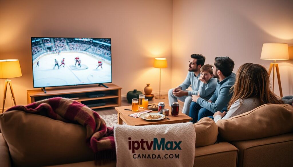 A vibrant living room scene showcasing a family enjoying IPTV sports coverage in Canada. In the foreground, a comfortable couch with a cozy blanket draped over it. A family of four, dressed casually yet neatly, is engaged in watching a live sports event on a large flat-screen TV, displaying a hockey game. In the middle ground, a coffee table is adorned with snacks and drinks, adding to the atmosphere of a fun sports night. The background features a warm, inviting room with soft lighting from a modern lamp, creating an engaging mood. The overall composition captures the essence of enjoying sports and live events through IPTV, emphasizing togetherness and excitement. Include logos or elements subtly reflecting "iptvmaxcanada.com" without overpowering the scene. A vibrant living room scene showcasing a family enjoying IPTV sports coverage in Canada. In the foreground, a comfortable couch with a cozy blanket draped over it. A family of four, dressed casually yet neatly, is engaged in watching a live sports event on a large flat-screen TV, displaying a hockey game. In the middle ground, a coffee table is adorned with snacks and drinks, adding to the atmosphere of a fun sports night. The background features a warm, inviting room with soft lighting from a modern lamp, creating an engaging mood. The overall composition captures the essence of enjoying sports and live events through IPTV, emphasizing togetherness and excitement. Include logos or elements subtly reflecting "iptvmaxcanada.com" without overpowering the scene.