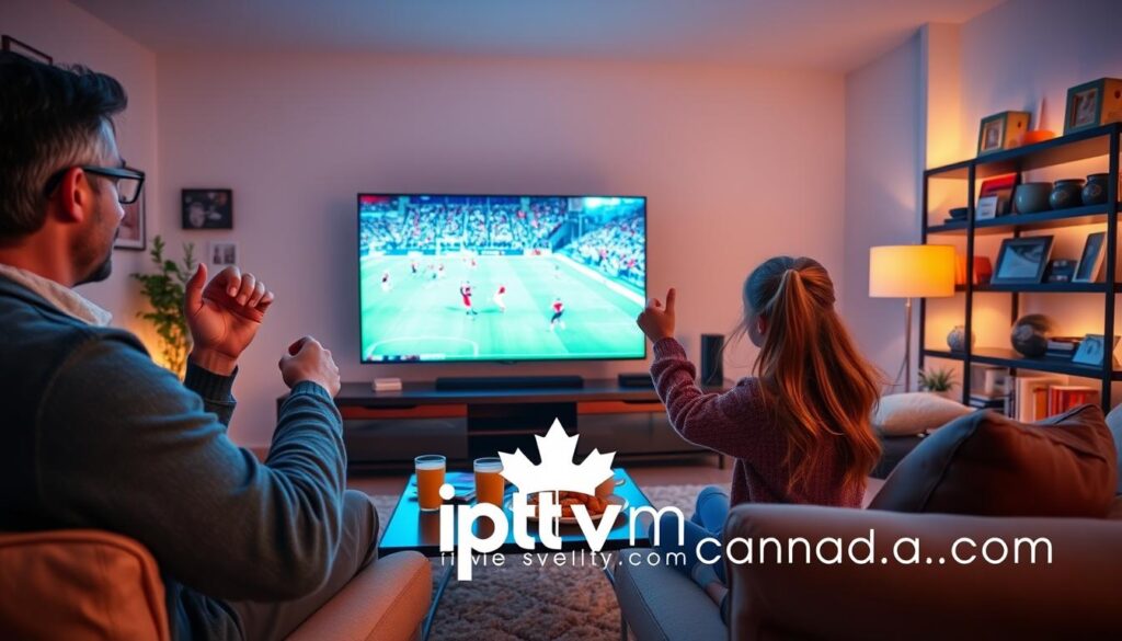 A vibrant living room scene showcasing a family excitedly watching live sports coverage through IPTV services on a large modern TV. In the foreground, a father in a smart casual outfit and a daughter in a cozy sweater cheer as their favorite team scores. The TV screen displays an exciting sports event with bright colors and dynamic action. In the middle ground, decorative elements like a coffee table with snacks and drinks create a cozy atmosphere. The background features a stylish bookshelf filled with sports memorabilia and family photos, softly illuminated by warm, ambient lighting. The scene conveys a sense of togetherness and excitement, emphasizing the enjoyment of live sports through IPTV services in Canada, with a sleek logo for "iptvmaxcanada.com" subtly included.