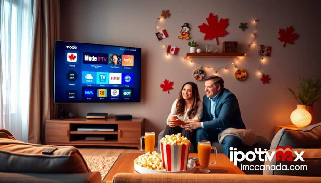 A vibrant living room scene showcasing a large, modern television displaying the colorful interface of Mode IPTV, symbolizing reliable streaming in Canada. In the foreground, a comfortable couch with a remote control resting on the armrest, and a stylish coffee table with popcorn and drinks. The middle area features a family enjoying the IPTV experience—parents in professional business attire, smiling as they watch together, indicating enjoyment and connection. In the background, a wall adorned with Canadian-themed decor and soft ambient lighting creates a cozy atmosphere. The room is warmly lit, enhancing the feeling of comfort and relaxation, with a hint of excitement for the streaming experience. Include the logo of "iptvmaxcanada.com" subtly in the corner of the TV screen, ensuring it remains prominent yet unobtrusive. A vibrant living room scene showcasing a large, modern television displaying the colorful interface of Mode IPTV, symbolizing reliable streaming in Canada. In the foreground, a comfortable couch with a remote control resting on the armrest, and a stylish coffee table with popcorn and drinks. The middle area features a family enjoying the IPTV experience—parents in professional business attire, smiling as they watch together, indicating enjoyment and connection. In the background, a wall adorned with Canadian-themed decor and soft ambient lighting creates a cozy atmosphere. The room is warmly lit, enhancing the feeling of comfort and relaxation, with a hint of excitement for the streaming experience. Include the logo of "iptvmaxcanada.com" subtly in the corner of the TV screen, ensuring it remains prominent yet unobtrusive.
