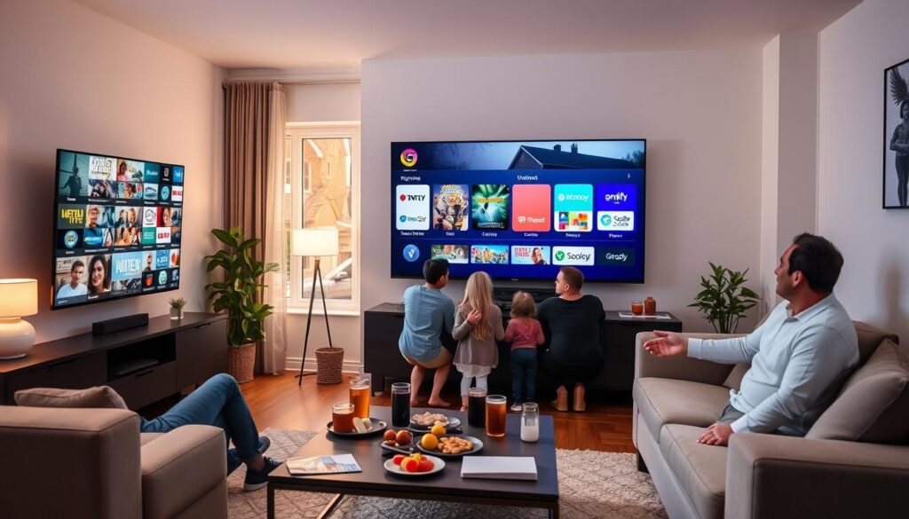 A vibrant living room scene showcasing a modern entertainment setup, featuring a large flat-screen TV displaying various channel icons representing the extensive variety of IPTV Brampton Ontario offerings. In the foreground, a stylish coffee table is adorned with snacks and drinks, inviting relaxation. In the middle, a comfortable sofa is arranged invitingly, with a family dressed in modest casual clothing gathered around, expressing enjoyment and connection as they engage with the TV. The background is softly illuminated with warm lighting, creating an inviting atmosphere. A window reveals a glimpse of a cozy suburban neighborhood of Brampton, Ontario, suggesting community. Include a subtle reference to the brand "iptvmaxcanada.com" on the TV screen without text overlay, maintaining a professional look and feel throughout the image.