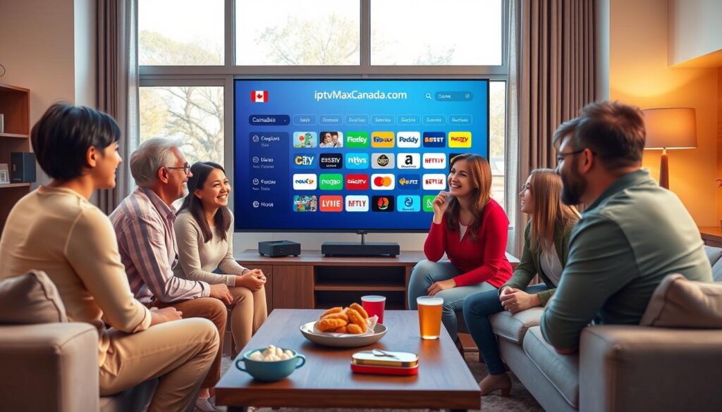 A vibrant, modern living room with a family gathered around a large flat-screen TV displaying the iptvmaxcanada.com interface, featuring a selection of Canadian local channels. In the foreground, a diverse group of four individuals, dressed in smart casual attire, are happily discussing their favorite shows. The middle ground includes a wooden coffee table with snacks and drinks, emphasizing a family-friendly atmosphere. In the background, large windows let in warm, natural light, highlighting a cozy environment. The overall mood is cheerful and engaging, showcasing the convenience of Canadian IPTV with rich regional content and local programming, all illustrated in a photorealistic style.