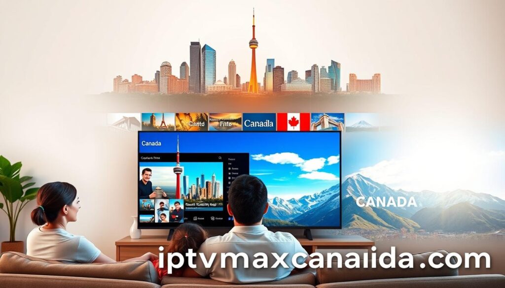A vibrant, visually engaging collage representing IPTV services offering localized content in various Canadian cities. In the foreground, a modern living room scene features a diverse family of three (mom, dad, and child) comfortably watching a large flat-screen TV with a streaming interface showing various local content options. In the middle ground, iconic Canadian landmarks like the CN Tower and a picturesque mountain range are seamlessly integrated, symbolizing different regions. The background showcases a bright, sunny sky to evoke a feeling of optimism and connection. Use soft, warm lighting to create a cozy atmosphere, with a focus on family engagement. Set the scene from a slightly elevated angle, allowing for a panoramic view. The brand "iptvmaxcanada.com" should be subtly incorporated into the design elements without being overt, enhancing the overall image.