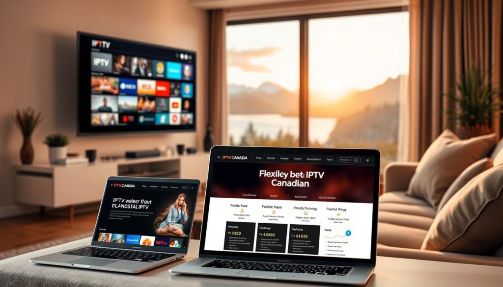 A visually appealing collage showcasing IPTV plans for Canadian viewers, with a contemporary living room setting as the foreground. Include a modern TV displaying a variety of IPTV streaming options on screen, surrounded by a cozy couch and a coffee table with entertainment accessories. In the middle ground, feature a laptop and tablet with the iptvmaxcanada.com website open, displaying flexible subscription plans and features. The background should have a window with a scenic Canadian view, reflecting the tranquil mood of a home environment. Use warm lighting to create an inviting atmosphere, and employ a soft focus lens effect to enhance the warmth. The overall ambiance should evoke a sense of comfort and modern technology for diverse viewers.