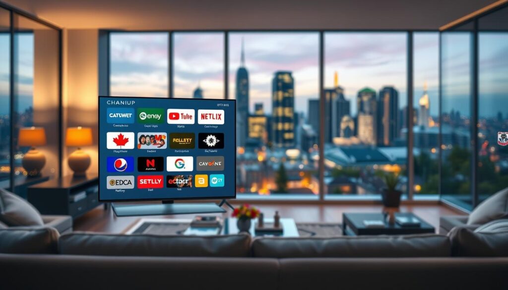 A visually appealing digital illustration showcasing an extensive IPTV channel lineup for Canada. In the foreground, a sleek modern smart TV displays the vibrant and diverse channel icons, representing both Canadian and international content, such as news, sports, movies, and cultural programs. In the middle ground, a tasteful living room setting featuring a stylish couch and decorative elements that suggest a cozy viewing experience. The background reveals a soft-focus view of a lively city skyline at dusk, with warm ambient lighting enhancing the atmosphere. Bright, engaging colors should dominate the scene, creating a sense of excitement and reliability. Include the brand "iptvmaxcanada.com" subtly integrated into the design without text overlays. Shot from a slightly elevated angle to capture the holistic view, this image conveys convenience and modern entertainment at home. A visually appealing digital illustration showcasing an extensive IPTV channel lineup for Canada. In the foreground, a sleek modern smart TV displays the vibrant and diverse channel icons, representing both Canadian and international content, such as news, sports, movies, and cultural programs. In the middle ground, a tasteful living room setting featuring a stylish couch and decorative elements that suggest a cozy viewing experience. The background reveals a soft-focus view of a lively city skyline at dusk, with warm ambient lighting enhancing the atmosphere. Bright, engaging colors should dominate the scene, creating a sense of excitement and reliability. Include the brand "iptvmaxcanada.com" subtly integrated into the design without text overlays. Shot from a slightly elevated angle to capture the holistic view, this image conveys convenience and modern entertainment at home.