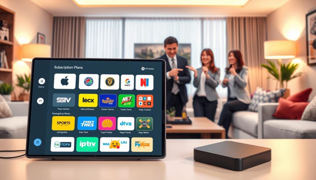 A visually appealing illustration of "Subscription Plans for My Provider IPTV" designed for a streaming service, specifically iptvmaxcanada.com. In the foreground, showcase a sleek digital device displaying varied subscription options with vibrant icons representing different streaming categories like sports, movies, and news. In the middle ground, include a modern workspace with some elegant business casual viewers happily interacting with the device and pointing at the subscription plans. The background should feature a cozy living room setting with soft, inviting lighting that creates a warm atmosphere. Use a wide-angle lens effect to emphasize the engaging scene, capturing the excitement of diverse viewer experiences with IPTV. The overall mood should be cheerful and informative, highlighting convenience and variety in entertainment. A visually appealing illustration of "Subscription Plans for My Provider IPTV" designed for a streaming service, specifically iptvmaxcanada.com. In the foreground, showcase a sleek digital device displaying varied subscription options with vibrant icons representing different streaming categories like sports, movies, and news. In the middle ground, include a modern workspace with some elegant business casual viewers happily interacting with the device and pointing at the subscription plans. The background should feature a cozy living room setting with soft, inviting lighting that creates a warm atmosphere. Use a wide-angle lens effect to emphasize the engaging scene, capturing the excitement of diverse viewer experiences with IPTV. The overall mood should be cheerful and informative, highlighting convenience and variety in entertainment.