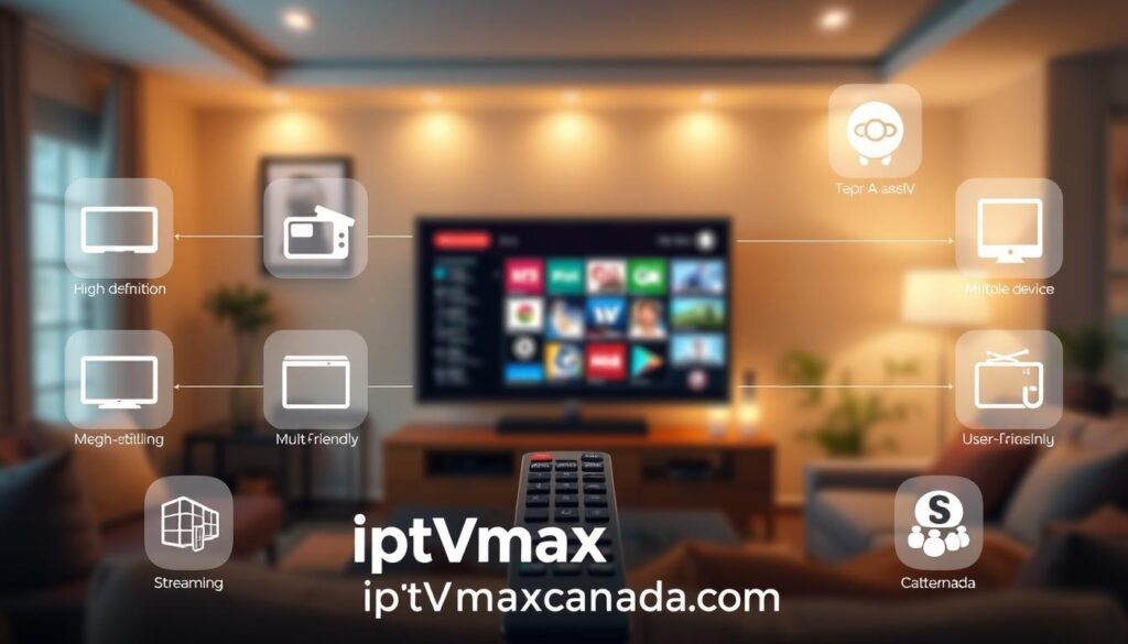 A visually appealing infographic representing the key features of IPTV services in Canada, focusing on a sleek and modern design. In the foreground, include icons and symbols for features like high-definition streaming, multiple device compatibility, and a user-friendly interface. The middle layer should highlight a television screen displaying various channels and a remote control, showcasing ease of use. In the background, incorporate a blurred image of a cozy living room setting with warm lighting, emphasizing a comfortable viewing atmosphere. Use a soft focus effect to enhance the mood, evoking a sense of convenience and enjoyment in IPTV services. Include the brand name "iptvmaxcanada.com" subtly integrated into the design, ensuring no text overlays or distractions.