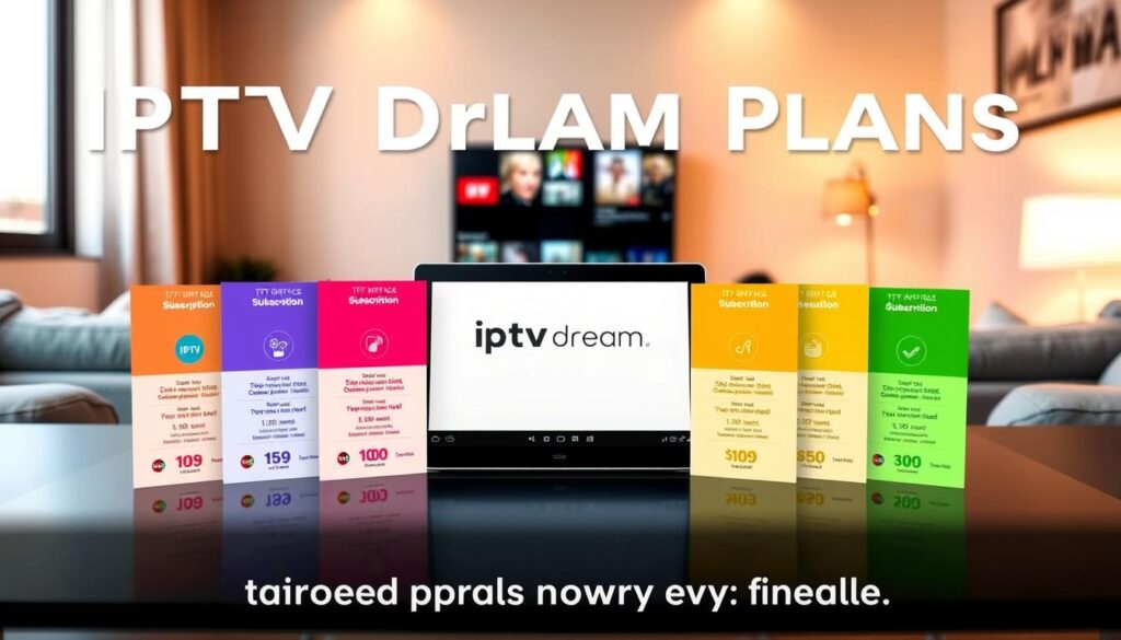 A visually appealing infographic showcasing "IPTV Dream Subscription Plans" laid out on a sleek, modern digital interface. In the foreground, visually distinct subscription plan cards are displayed, each featuring an appealing color palette and icons representing various features like number of channels, resolution, and price. The middle ground includes a stylish tablet displaying the IPTV Dream logo, "iptvmaxcanada.com," positioned prominently. The background features a cozy living room setting with a soft-focus television screen, subtly showing a streaming interface. Warm lighting enhances the inviting atmosphere, while a slight bokeh effect adds depth. The overall mood is modern, tech-savvy, and inviting, capturing the essence of tailored options for every viewer in Canada. A visually appealing infographic showcasing "IPTV Dream Subscription Plans" laid out on a sleek, modern digital interface. In the foreground, visually distinct subscription plan cards are displayed, each featuring an appealing color palette and icons representing various features like number of channels, resolution, and price. The middle ground includes a stylish tablet displaying the IPTV Dream logo, "iptvmaxcanada.com," positioned prominently. The background features a cozy living room setting with a soft-focus television screen, subtly showing a streaming interface. Warm lighting enhances the inviting atmosphere, while a slight bokeh effect adds depth. The overall mood is modern, tech-savvy, and inviting, capturing the essence of tailored options for every viewer in Canada.