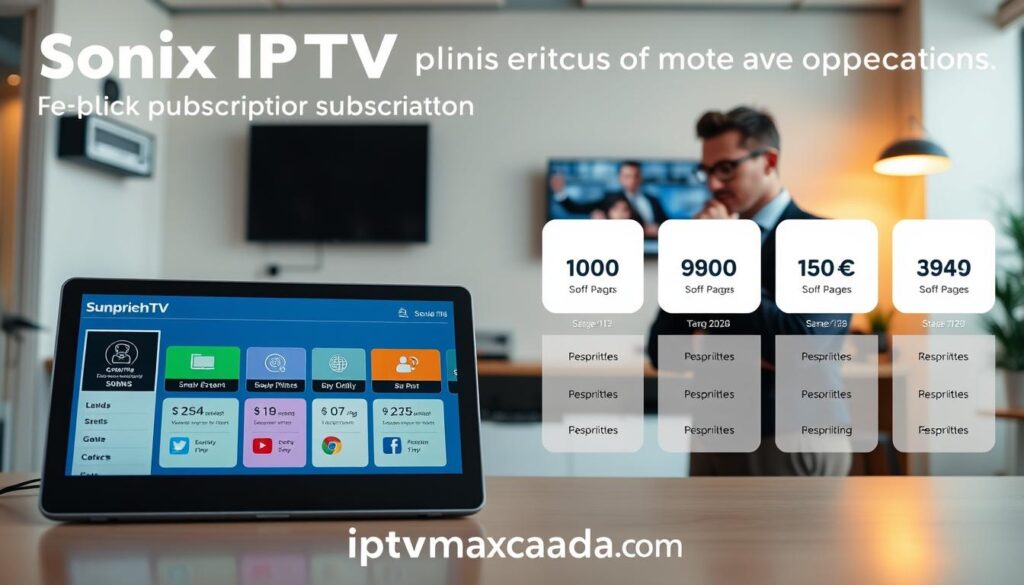 A visually appealing infographic showcasing Sonix IPTV plans and pricing options for 2026 and beyond. In the foreground, display a sleek tablet or laptop with the Sonix IPTV interface on the screen, highlighting various subscription tiers with engaging icons and vibrant colors. In the middle ground, create a clean and modern workspace setting, featuring a professional individual dressed in business attire, thoughtfully reviewing the plans. The background should include subtle tech-themed elements, like cable management, a stylish wall-mounted TV displaying streaming content, and ambient lighting in warm tones. The overall atmosphere is informative and trustworthy, promoting a sense of reliability and modernity. The URL "iptvmaxcanada.com" should be subtly integrated into the design without being intrusive, allowing viewers to easily connect the image to the content. A visually appealing infographic showcasing Sonix IPTV plans and pricing options for 2026 and beyond. In the foreground, display a sleek tablet or laptop with the Sonix IPTV interface on the screen, highlighting various subscription tiers with engaging icons and vibrant colors. In the middle ground, create a clean and modern workspace setting, featuring a professional individual dressed in business attire, thoughtfully reviewing the plans. The background should include subtle tech-themed elements, like cable management, a stylish wall-mounted TV displaying streaming content, and ambient lighting in warm tones. The overall atmosphere is informative and trustworthy, promoting a sense of reliability and modernity. The URL "iptvmaxcanada.com" should be subtly integrated into the design without being intrusive, allowing viewers to easily connect the image to the content.