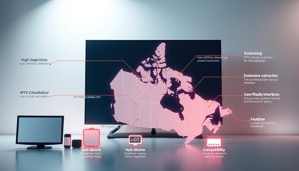 A visually appealing infographic showcasing the key features of IPTV providers in Canada, prominently featuring various elements like high-definition streaming, extensive channel selection, user-friendly interfaces, and multi-device compatibility. In the foreground, display icons representing these features, such as a TV screen, mobile devices, and a remote control. The middle ground should include a stylized map of Canada with highlighted regions where leading providers, such as "iptvmaxcanada.com", are available. The background features soft, modern gradients to create a tech-savvy atmosphere, illuminated by bright, inviting lighting to emphasize innovation. Use a clear, professional angle that makes the graphic easy to understand and visually engaging, suitable for a business audience focused on IPTV solutions in Canada.