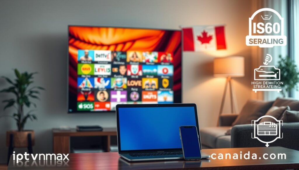 A visually appealing overview of IPTV providers in Canada, showcasing the main benefits of using these services. In the foreground, a sleek modern television displaying a vibrant array of IPTV channels, conveying clarity and variety. The middle ground includes a laptop and smartphone, symbolizing accessibility and technology, all set on a stylish desk. The background features a cozy living room with soft lighting, creating a warm and inviting atmosphere. Incorporate elements like a Canadian flag and symbols representing high-definition streaming, such as a resolution marker or streaming icons. The lighting should be soft and warm, evoking comfort and reliability. The overall mood should communicate professionalism and trust in IPTV services, including the brand "iptvmaxcanada.com" subtly integrated into the scene.