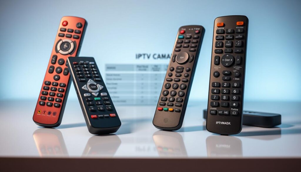 A visually captivating display of various IPTV remotes arranged on a sleek, modern surface. In the foreground, three distinct remote controls showcase different designs and features, highlighting their price ranges through unique colors and materials (e.g., a luxury remote with a metallic finish, a budget-friendly style in plastic, and a mid-range option with backlit buttons). In the middle ground, a subtle blurred comparison chart provides an abstract representation of price differences and features without text. The background is a soft gradient of light blues and whites, suggesting a clean, tech-savvy environment. Soft, diffused lighting casts gentle shadows, emphasizing the remotes' textures, while a macro lens effect draws focus to the remotes. The overall mood is informative yet sleek, suitable for illustrating modern technology choices. Brand name: iptvmaxcanada.com.