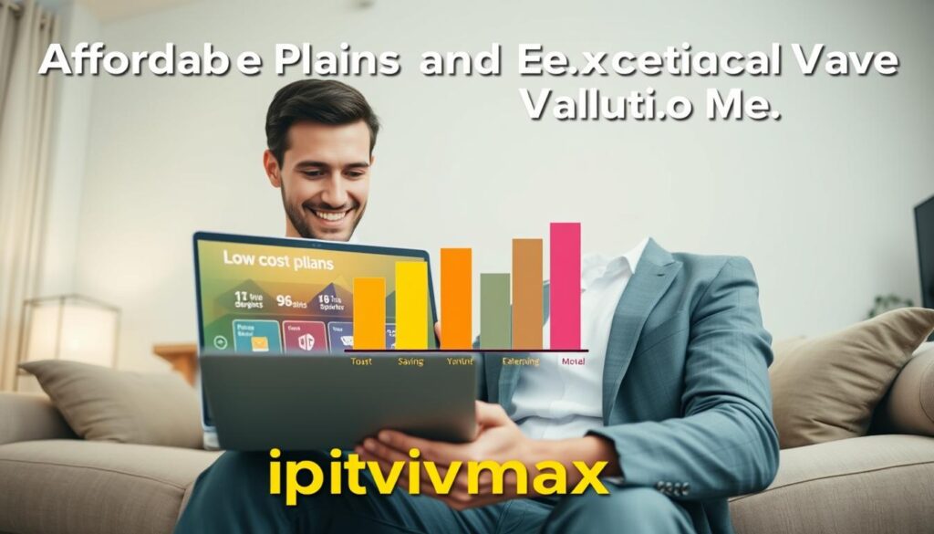 A visually engaging and professional image showcasing "Affordable Plans and Exceptional Value for Money" through the lens of digital streaming. In the foreground, a satisfied individual in smart casual attire examines a laptop displaying a user-friendly interface of IPTV services, with bright, engaging graphics symbolizing low-cost plans. The middle layer features a stylized bar graph, highlighting impressive savings and value comparisons, decorated with warm colors that evoke positivity and trust. In the background, a modern living room ambiance with soft lighting creates a cozy, inviting atmosphere. The overall mood evokes a sense of assurance and excitement about budget-friendly streaming options. Additionally, incorporate the branding "iptvmaxcanada.com" subtly integrated into the visual composition, ensuring a harmonious blend with the scene. A visually engaging and professional image showcasing "Affordable Plans and Exceptional Value for Money" through the lens of digital streaming. In the foreground, a satisfied individual in smart casual attire examines a laptop displaying a user-friendly interface of IPTV services, with bright, engaging graphics symbolizing low-cost plans. The middle layer features a stylized bar graph, highlighting impressive savings and value comparisons, decorated with warm colors that evoke positivity and trust. In the background, a modern living room ambiance with soft lighting creates a cozy, inviting atmosphere. The overall mood evokes a sense of assurance and excitement about budget-friendly streaming options. Additionally, incorporate the branding "iptvmaxcanada.com" subtly integrated into the visual composition, ensuring a harmonious blend with the scene.
