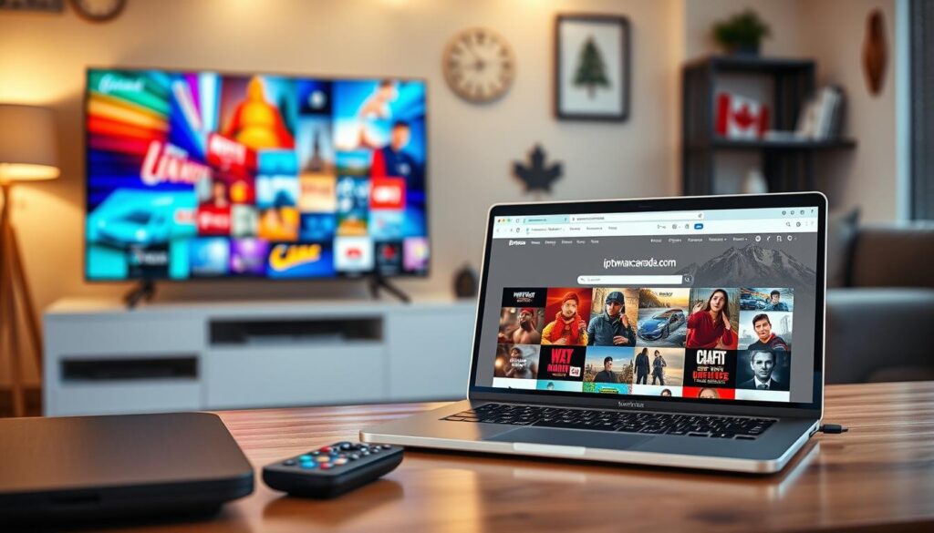 A visually engaging composition showcasing the concept of the best IPTV providers in Canada for 2026. In the foreground, a dynamic digital device like a smart TV displaying vibrant streaming content, with a remote control placed beside it. In the middle, a stylish workspace featuring a laptop with the website "iptvmaxcanada.com" open, illustrating user-friendly interface design. The background depicts a cozy living room setting, with decorative elements that reflect a modern Canadian lifestyle, such as maple leaf motifs or scenic landscapes. Soft, warm lighting to create an inviting atmosphere, captured from a slightly elevated angle for a comprehensive view. The overall mood is professional yet relaxed, indicating reliability and quality in streaming services. A visually engaging composition showcasing the concept of the best IPTV providers in Canada for 2026. In the foreground, a dynamic digital device like a smart TV displaying vibrant streaming content, with a remote control placed beside it. In the middle, a stylish workspace featuring a laptop with the website "iptvmaxcanada.com" open, illustrating user-friendly interface design. The background depicts a cozy living room setting, with decorative elements that reflect a modern Canadian lifestyle, such as maple leaf motifs or scenic landscapes. Soft, warm lighting to create an inviting atmosphere, captured from a slightly elevated angle for a comprehensive view. The overall mood is professional yet relaxed, indicating reliability and quality in streaming services.