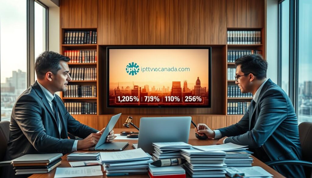 A visually engaging depiction of the legal aspects of Extreme IPTV in Canada, showcasing a professional setting. In the foreground, a diverse group of three individuals in smart business attire—two men and one woman—discussing over a table cluttered with legal documents and laptops, symbolizing research on regulations. The middle layer features a large screen displaying the logo "iptvmaxcanada.com" and relevant statistics on IPTV usage. The background includes a modern office environment with bookshelves filled with legal texts and a window revealing the skyline of a Canadian city, creating a sense of professionalism and importance. Warm lighting enhances the mood of seriousness and inquiry, while a slight depth of field keeps focus on the people and their materials, inviting viewers into the conversation. A visually engaging depiction of the legal aspects of Extreme IPTV in Canada, showcasing a professional setting. In the foreground, a diverse group of three individuals in smart business attire—two men and one woman—discussing over a table cluttered with legal documents and laptops, symbolizing research on regulations. The middle layer features a large screen displaying the logo "iptvmaxcanada.com" and relevant statistics on IPTV usage. The background includes a modern office environment with bookshelves filled with legal texts and a window revealing the skyline of a Canadian city, creating a sense of professionalism and importance. Warm lighting enhances the mood of seriousness and inquiry, while a slight depth of field keeps focus on the people and their materials, inviting viewers into the conversation.