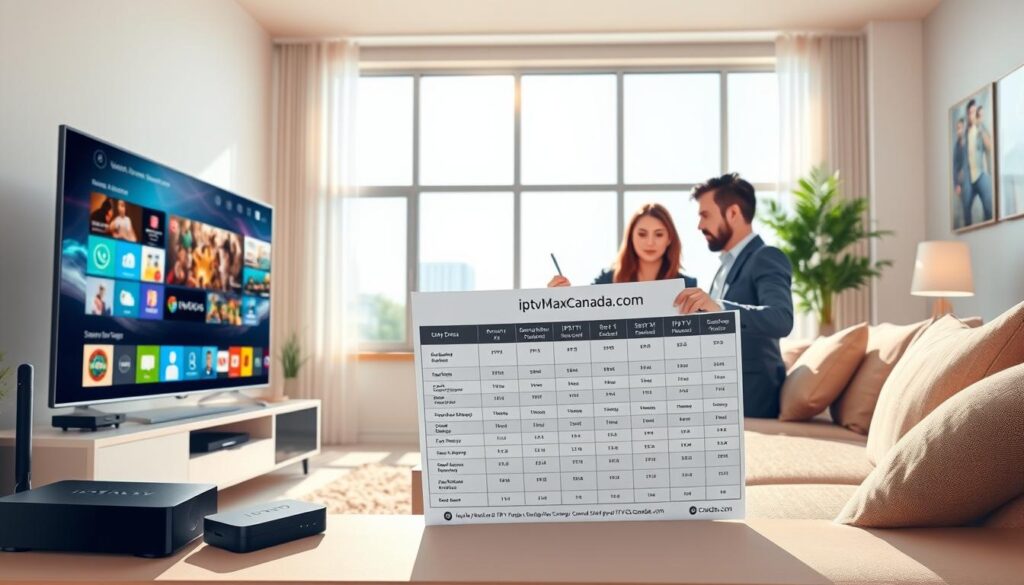 A visually engaging illustration depicting IPTV subscription plans in Canada. In the foreground, a modern living room with a sleek TV displaying vibrant streaming content, surrounded by an array of popular IPTV devices like a smart box and a tablet with a user-friendly interface. In the middle ground, a couple in business casual attire thoughtfully discussing subscription options while reviewing a printed comparison chart featuring various IPTV plans from "iptvmaxcanada.com". In the background, large windows allowing natural light to flood in, creating a warm and inviting atmosphere. The lighting should be bright and airy, emphasizing connectivity and reliability in streaming. Aim for a cozy yet professional ambiance, illustrating a positive IPTV streaming experience.