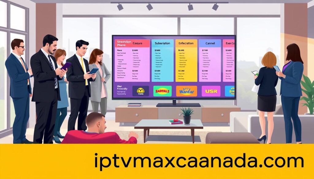 A visually engaging illustration depicting flexible subscription plans tailored for IPTV services in Canada. Foreground features a diverse group of professional patrons, men and women in business attire, discussing their streaming options on digital devices like tablets and smartphones. The middle ground showcases colorful, user-friendly graphics of varied subscription plans on large screens, highlighting features like pricing and channel selections. The background includes a modern, stylish living room setting with soft lighting, emphasizing comfort and ease of use. Natural light streams through large windows, creating a warm and inviting atmosphere, while the logo "iptvmaxcanada.com" is subtly integrated into the scene, enhancing brand recognition without overpowering the image. The overall mood is friendly, informative, and approachable, ideal for potential IPTV subscribers in Canada. A visually engaging illustration depicting flexible subscription plans tailored for IPTV services in Canada. Foreground features a diverse group of professional patrons, men and women in business attire, discussing their streaming options on digital devices like tablets and smartphones. The middle ground showcases colorful, user-friendly graphics of varied subscription plans on large screens, highlighting features like pricing and channel selections. The background includes a modern, stylish living room setting with soft lighting, emphasizing comfort and ease of use. Natural light streams through large windows, creating a warm and inviting atmosphere, while the logo "iptvmaxcanada.com" is subtly integrated into the scene, enhancing brand recognition without overpowering the image. The overall mood is friendly, informative, and approachable, ideal for potential IPTV subscribers in Canada.