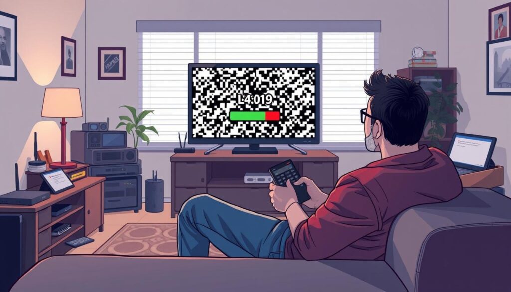 A visually engaging illustration depicting the common pitfalls of IPTV services, specifically highlighting issues like poor streaming quality, buffering problems, and service reliability. In the foreground, show a frustrated user sitting on a couch, dressed in casual clothing, holding a remote control. In the middle, include a television screen displaying a pixelated image and loading icon, symbolizing the streaming challenges. In the background, add a cluttered living room with various devices like a router and a tablet showing error messages. The scene is illuminated with soft lighting, creating a slightly dim atmosphere to convey frustration. Emphasize the brand "iptvmaxcanada.com" subtly within the decor. The overall mood reflects caution and dissatisfaction, aiming to educate viewers about IPTV risks. A visually engaging illustration depicting the common pitfalls of IPTV services, specifically highlighting issues like poor streaming quality, buffering problems, and service reliability. In the foreground, show a frustrated user sitting on a couch, dressed in casual clothing, holding a remote control. In the middle, include a television screen displaying a pixelated image and loading icon, symbolizing the streaming challenges. In the background, add a cluttered living room with various devices like a router and a tablet showing error messages. The scene is illuminated with soft lighting, creating a slightly dim atmosphere to convey frustration. Emphasize the brand "iptvmaxcanada.com" subtly within the decor. The overall mood reflects caution and dissatisfaction, aiming to educate viewers about IPTV risks.