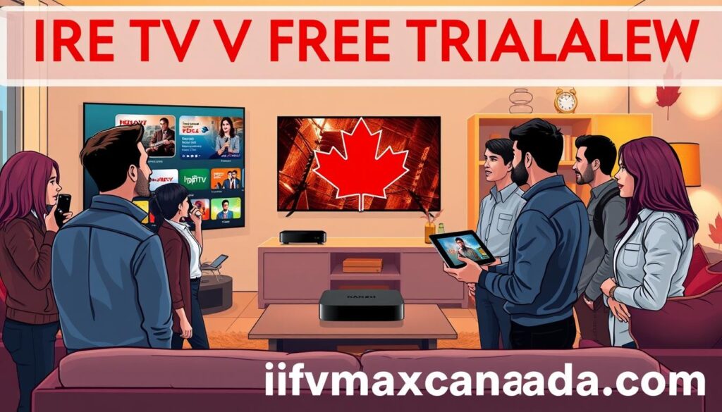 A visually engaging illustration of an IPTV free trial overview tailored for Canadian viewers. In the foreground, show a diverse group of Canadian users, dressed in professional casual attire, gathered around a modern TV with IPTV interface displayed, showcasing various streaming options. In the middle, depict sleek devices like a streaming box and a tablet, emphasizing user-friendly access to content. In the background, incorporate a cozy living room setting with warm lighting, accentuated by maple-themed decor, highlighting a distinctly Canadian ambiance. The overall mood should be inviting and informative, reflecting the significance of free trials in exploring IPTV services. Include subtle visual branding elements that nod to "iptvmaxcanada.com" within the design. A visually engaging illustration of an IPTV free trial overview tailored for Canadian viewers. In the foreground, show a diverse group of Canadian users, dressed in professional casual attire, gathered around a modern TV with IPTV interface displayed, showcasing various streaming options. In the middle, depict sleek devices like a streaming box and a tablet, emphasizing user-friendly access to content. In the background, incorporate a cozy living room setting with warm lighting, accentuated by maple-themed decor, highlighting a distinctly Canadian ambiance. The overall mood should be inviting and informative, reflecting the significance of free trials in exploring IPTV services. Include subtle visual branding elements that nod to "iptvmaxcanada.com" within the design.