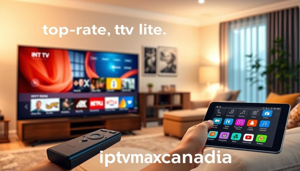 A visually engaging illustration showcasing the essential features of top-rated IPTV services. In the foreground, a modern smart TV displaying a vibrant user interface with streaming options and popular channels. In the middle ground, a sleek remote control and a tablet featuring IPTV service app icons, emphasizing usability and accessibility. The background includes a cozy living room setting with comfortable seating and ambient lighting to create a warm atmosphere. Use a wide-angle lens effect for a dynamic perspective, with soft, natural lighting to invite a sense of relaxation and enjoyment. The image should convey a sense of seamless streaming and entertainment convenience, while incorporating the brand name "iptvmaxcanada.com" subtly within the design, ensuring it remains professional and captivating.