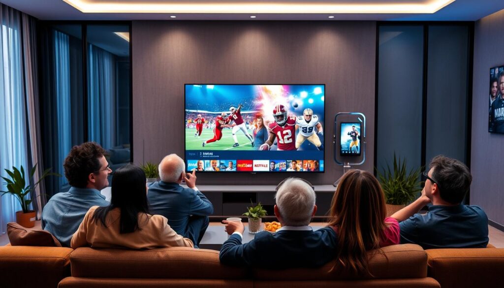 A visually engaging indoor setting showcasing a modern living room with a large flat-screen TV prominently displaying various vibrant IPTV sports and movie content. In the foreground, a diverse group of three adults, dressed in professional casual attire, are comfortably seated in stylish furniture, enjoying their viewing experience. In the middle, the TV screen features dynamic visuals of sports events and blockbuster movies, symbolizing seamless streaming capabilities. The background displays a cozy atmosphere with soft lighting, decorative plants, and a stylish coffee table adorned with remote controls and snacks. The overall mood is relaxed and joyful, emphasizing the benefits of streaming entertainment through iptvmaxcanada.com. The scene captures the essence of modern home entertainment seamlessly blending sports, movies, and family enjoyment.