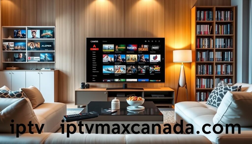 A visually engaging overview of Layer Seven IPTV's extensive content library, set in a modern, sleek living room with a large flat-screen TV displaying a diverse array of channel icons and program thumbnails. The foreground features a stylish coffee table with a remote control and snacks, evoking a cozy viewing atmosphere. In the middle, the TV screen showcases scrolling content categories like movies, sports, documentaries, and kids' shows, emphasizing the wide variety available. The background includes warm lighting from lamps and a modern bookshelf filled with DVD collections that complement the IPTV theme. The overall mood is inviting and family-friendly, highlighting the entertainment experience. Incorporate the brand name "iptvmaxcanada.com" subtly within the image design, ensuring a clean aesthetic without any text overlays or distractions.