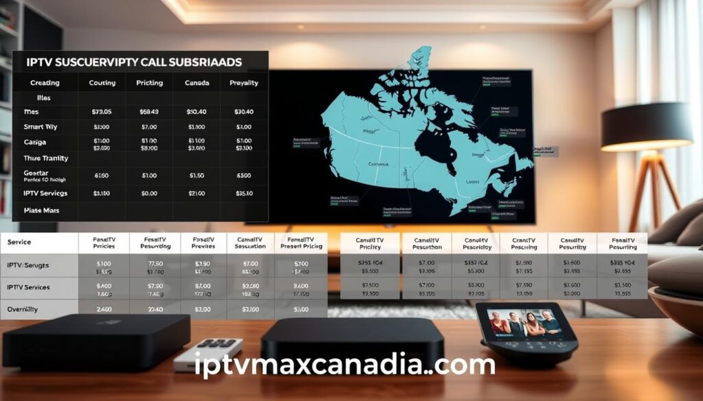 A visually engaging representation of IPTV subscription plans in Canada, featuring a sleek and modern table displaying various IPTV pricing tiers and features. In the foreground, neatly arranged images of popular streaming devices, like smart TVs and tablets, showcasing users enjoying IPTV. The middle ground should include a digitally rendered overview map of Canada, highlighting major cities with pixelated icons representing different IPTV services. In the background, a contemporary, stylish living room with soft lighting, creating a warm atmosphere. Use a low angle shot to emphasize the devices and plans, evoking technology and comfort. Include the brand "iptvmaxcanada.com" subtly integrated into the design. The overall mood should be professional and inviting, suitable for readers seeking information on IPTV options. A visually engaging representation of IPTV subscription plans in Canada, featuring a sleek and modern table displaying various IPTV pricing tiers and features. In the foreground, neatly arranged images of popular streaming devices, like smart TVs and tablets, showcasing users enjoying IPTV. The middle ground should include a digitally rendered overview map of Canada, highlighting major cities with pixelated icons representing different IPTV services. In the background, a contemporary, stylish living room with soft lighting, creating a warm atmosphere. Use a low angle shot to emphasize the devices and plans, evoking technology and comfort. Include the brand "iptvmaxcanada.com" subtly integrated into the design. The overall mood should be professional and inviting, suitable for readers seeking information on IPTV options.