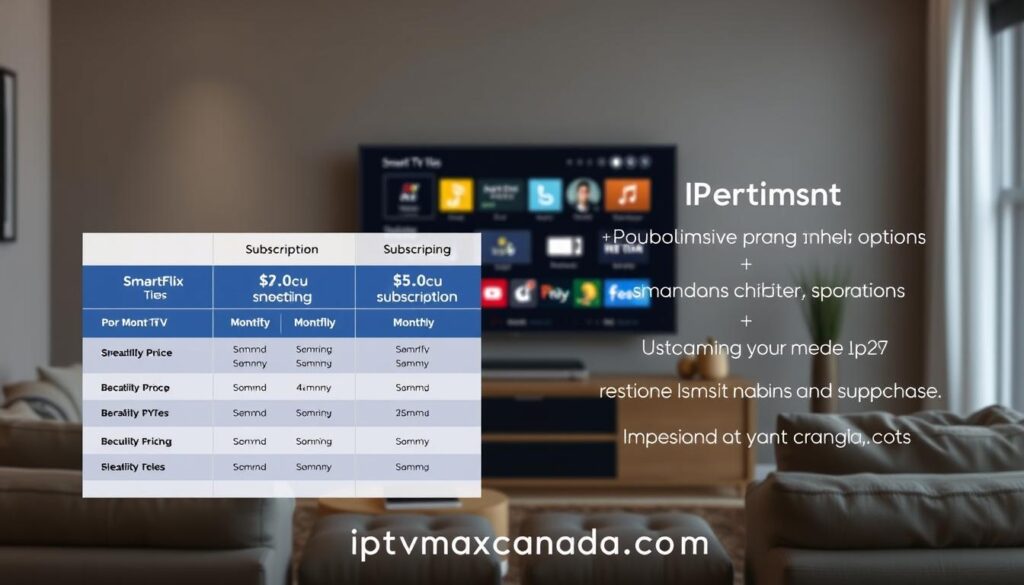 A visually engaging representation of Smartflix IPTV subscription plans and pricing, designed for clarity and appeal. In the foreground, display an elegant digital pricing table showcasing different subscription tiers, with monthly pricing and benefits highlighted. The middle ground features icons representing streaming devices like smart TVs, tablets, and smartphones, emphasizing flexibility. The background should display a cozy living room setting with a flat-screen TV showcasing the Smartflix interface, subtly lit to create a warm atmosphere. Use soft, diffused lighting to enhance the inviting feel, and opt for a slightly elevated angle to capture the overall scene. Include the brand name "iptvmaxcanada.com" subtly integrated into the design without text overlays, ensuring a professional and visually appealing summary of subscription options.