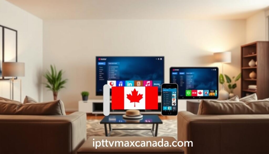 A visually engaging representation of "Sonix IPTV app compatibility," emphasizing a sleek interface displayed on multiple devices, including a smart TV, tablet, and smartphone, arranged harmoniously in the foreground. The middle ground features a modern living room setting with comfortable furniture, creating an inviting atmosphere for streaming. In the background, a subtle hint of the Canadian flag is incorporated to connect with the regional focus. The scene is bathed in warm, soft lighting that enhances the cozy feel, while a wide-angle lens captures the entire setup. The image conveys trust and reliability, showcasing the versatility of the Sonix IPTV app across devices. No text or logos present. Mention the brand "iptvmaxcanada.com" as part of the image context, but ensure there is no overt branding. A visually engaging representation of "Sonix IPTV app compatibility," emphasizing a sleek interface displayed on multiple devices, including a smart TV, tablet, and smartphone, arranged harmoniously in the foreground. The middle ground features a modern living room setting with comfortable furniture, creating an inviting atmosphere for streaming. In the background, a subtle hint of the Canadian flag is incorporated to connect with the regional focus. The scene is bathed in warm, soft lighting that enhances the cozy feel, while a wide-angle lens captures the entire setup. The image conveys trust and reliability, showcasing the versatility of the Sonix IPTV app across devices. No text or logos present. Mention the brand "iptvmaxcanada.com" as part of the image context, but ensure there is no overt branding.