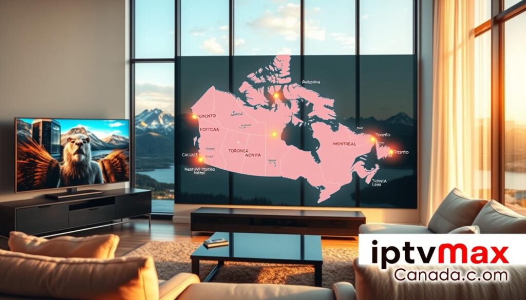 A visually engaging scene depicting IPTV coverage across Canada. In the foreground, a sleek modern living room with a large flat-screen TV displaying vibrant Canadian content, surrounded by comfortable furniture. In the middle ground, a digital map of Canada, highlighted with illuminated areas showing IPTV coverage hotspots from coast to coast, including cities like Toronto, Vancouver, and Montreal. The background features a large window showing a scenic view of Canadian landscapes, such as mountains and lakes, bathed in warm, natural light. The atmosphere conveys accessibility and innovation in streaming. Include subtle branding for "iptvmaxcanada.com" in the corner of the image, ensuring it blends seamlessly with the decor. Use a soft-focus lens to create a warm, inviting mood.