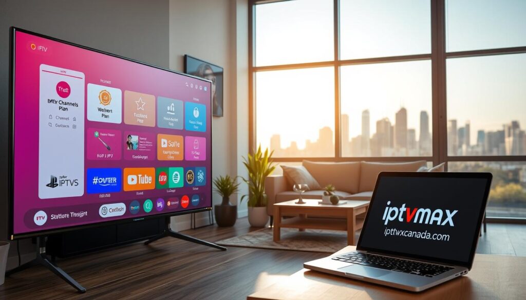 A visually engaging scene depicting "Transparent and Affordable IPTV Plans in Brampton." In the foreground, a smart TV displaying a neatly organized and colorful interface filled with various IPTV plan options, accompanied by digital icons representing channels, features, and pricing transparency. The middle ground features a modern living room setting with a cozy sofa, plants, and a stylish coffee table. Natural light streams in through large windows, creating a warm and inviting atmosphere. A laptop or tablet nearby showcases the website "iptvmaxcanada.com," emphasizing ease of access to these plans. In the background, the silhouette of Brampton's skyline is visible, blending urban life with modern convenience. The mood is optimistic and welcoming, highlighting affordability and transparency in IPTV services.