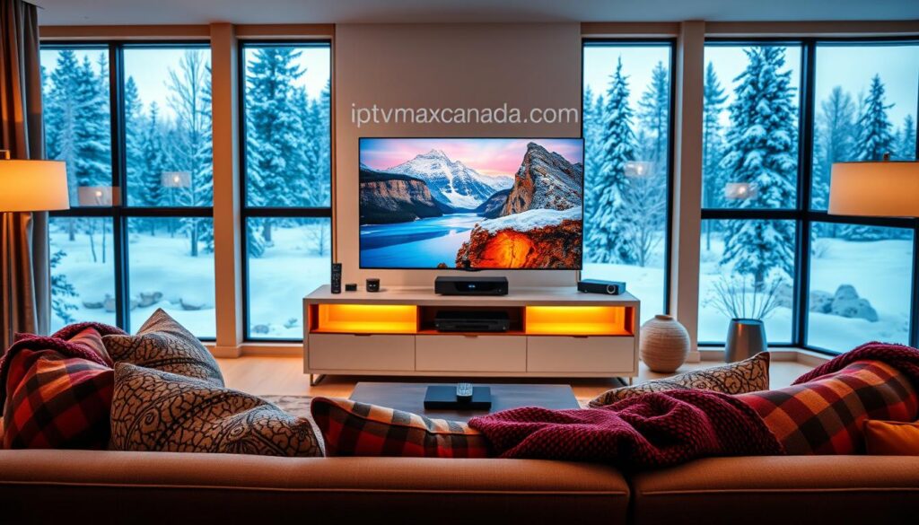 A visually engaging scene depicting a modern living room set up for enjoying IPTV services tailored for Canadian viewers. In the foreground, a stylish flat-screen television displays vibrant, colorful channels with imagery reflecting Canadian landscapes and culture. A comfortable sofa adorned with cozy blankets and pillows sits in front of the TV, inviting relaxation. In the middle ground, a sleek media console holds streaming devices and a remote control, highlighted by soft, warm lighting that creates an inviting atmosphere. The background features large windows showcasing a snowy Canadian landscape, contributing to a cozy, winter vibe. The mood is warm and contemporary, emphasizing a shift from traditional cable to IPTV for enhanced viewing experience. Include the brand "iptvmaxcanada.com" subtly integrated into the setting. Use a soft focus lens effect to enhance the homely feel.