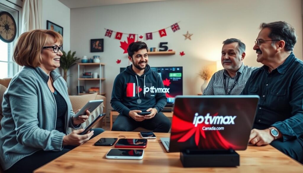 A visually engaging scene featuring a diverse group of Canadian streamers, gathered in a cozy living room setting, discussing their favorite IPTV providers. The foreground showcases three individuals: a middle-aged woman with glasses in a smart casual outfit, a young man in a stylish hoodie, and a middle-aged man in a classic button-up shirt, all animatedly sharing their insights. In the middle ground, a coffee table displays various electronic devices like tablets and a laptop showing the logo of "iptvmaxcanada.com." The background features a softly lit room with Canadian-themed decorations and a large TV on the wall, displaying a vibrant stream interface. The atmosphere is warm and inviting, evoking a friendly, community-driven discussion around streaming solutions in Canada. The lighting is soft and natural, emanating from a nearby window, enhancing the relaxed yet focused mood. A visually engaging scene featuring a diverse group of Canadian streamers, gathered in a cozy living room setting, discussing their favorite IPTV providers. The foreground showcases three individuals: a middle-aged woman with glasses in a smart casual outfit, a young man in a stylish hoodie, and a middle-aged man in a classic button-up shirt, all animatedly sharing their insights. In the middle ground, a coffee table displays various electronic devices like tablets and a laptop showing the logo of "iptvmaxcanada.com." The background features a softly lit room with Canadian-themed decorations and a large TV on the wall, displaying a vibrant stream interface. The atmosphere is warm and inviting, evoking a friendly, community-driven discussion around streaming solutions in Canada. The lighting is soft and natural, emanating from a nearby window, enhancing the relaxed yet focused mood.
