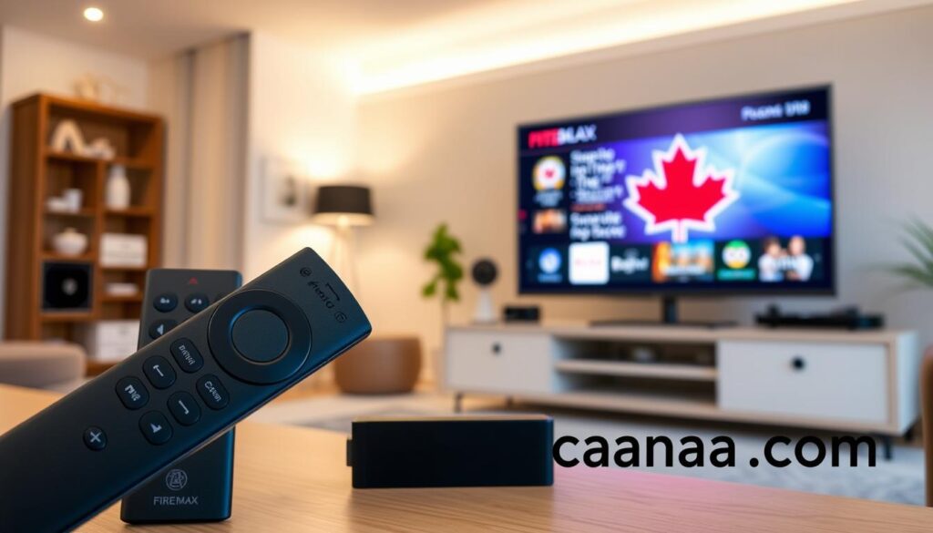 A visually engaging step-by-step guide for installing IPTV apps on a Firestick. In the foreground, depict the Firestick remote and device prominently, with a vibrant screen showcasing step-by-step instructions displayed in a user-friendly interface. In the middle ground, include an entertainment setup, featuring a cozy living room with a flat-screen TV, emphasizing a modern aesthetic. The background should feature soft ambient lighting to create a welcoming atmosphere, with a hint of Canadian elements like a Maple Leaf symbol subtly integrated into the decor. Capture the scene from a slightly elevated angle to provide a comprehensive view, ensuring clarity and focus on the Firestick installation process. The image should evoke a sense of ease and excitement about streaming with the brand "iptvmaxcanada.com" subtly integrated into the overall design.