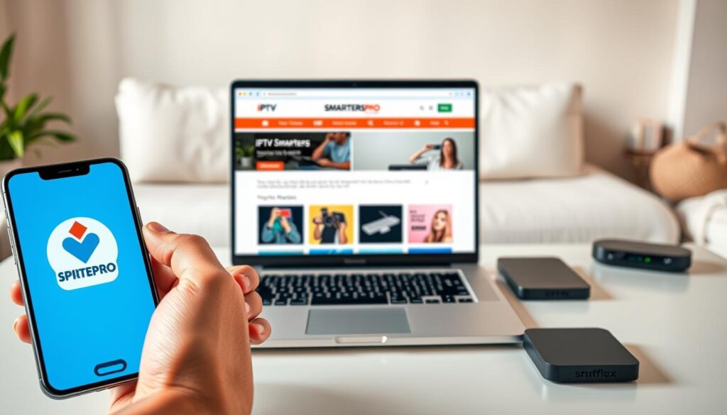 A visually engaging step-by-step installation guide for IPTV Smarters Pro APK, meticulously illustrated on a clean, modern digital workspace. In the foreground, a smartphone displays the IPTV Smarters Pro logo on its screen, with hands demonstrating swiping gestures. The middle ground features a sleek laptop open with the IPTV website, iptvmaxcanada.com, on the screen, highlighting certain steps in the installation process. Background elements include a softly lit room with a cozy atmosphere, neutral-colored walls, and a subtle hint of technology like a tablet and a streaming device. The lighting should be bright and inviting, emanating a professional and informative mood. The lens angle is slightly tilted for a dynamic view, emphasizing the technological aspect of the installation guide.
