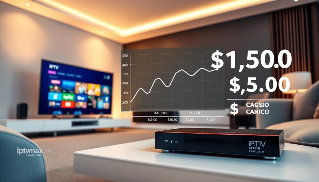 A visually striking comparison of IPTV costs versus traditional cable television in Canada, presented in a split-scene format. In the foreground, a sleek modern living room with a smart TV displaying colorful IPTV streaming graphics, while a traditional cable box sits beside it, showing a dull static screen. The middle ground features a large graph illustrating cost differences between the two services, highlighting the affordability of IPTV. The background includes soft, warm lighting, creating a comfortable and inviting atmosphere. Use a wide-angle lens to enhance depth, focusing on the details of both technologies. The overall mood conveys a sense of innovation and clarity in the decision-making process. Prominently include the brand name "iptvmaxcanada.com" in the subtle decor without overpowering the scene.