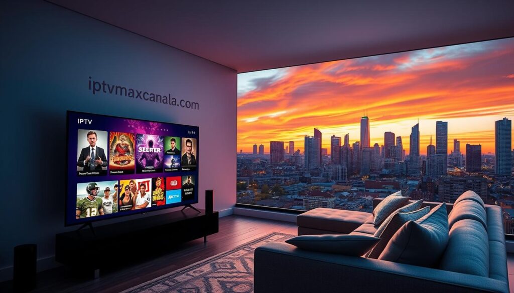 A visually striking digital collage highlighting the unique content offerings of IPTV Brampton. In the foreground, feature a sleek television screen displaying vibrant thumbnails of popular shows and sports events, with rich colors and enticing visuals. In the middle, include a stylized, high-tech living room setup with a cozy seating arrangement, casting warm, inviting lighting. The background showcases a city skyline of Brampton at sunset, creating a dynamic contrast. The atmosphere should blend modernity with comfort, emphasizing a reliable streaming experience. Incorporate subtle branding elements of "iptvmaxcanada.com" on the wall behind the TV, using sophisticated design to enhance the overall appeal. The angle should be slightly tilted to provide depth, ensuring an engaging perspective. A visually striking digital collage highlighting the unique content offerings of IPTV Brampton. In the foreground, feature a sleek television screen displaying vibrant thumbnails of popular shows and sports events, with rich colors and enticing visuals. In the middle, include a stylized, high-tech living room setup with a cozy seating arrangement, casting warm, inviting lighting. The background showcases a city skyline of Brampton at sunset, creating a dynamic contrast. The atmosphere should blend modernity with comfort, emphasizing a reliable streaming experience. Incorporate subtle branding elements of "iptvmaxcanada.com" on the wall behind the TV, using sophisticated design to enhance the overall appeal. The angle should be slightly tilted to provide depth, ensuring an engaging perspective.
