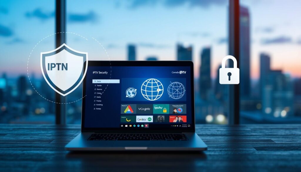 A visually striking digital composition showcasing the VPN and privacy features integral to IPTV services. In the foreground, a sleek, modern laptop displays a vibrant interface of a user-friendly IPTV application, symbolizing seamless streaming. To one side, an abstract shield icon represents robust security measures, interconnected with flowing lines symbolizing encrypted data pathways. In the middle layer, illustrated icons of a globe and a lock convey global access and privacy protection, adding depth to the scene. The background features a blurred city skyline at dusk, emphasizing a modern technological setting. Soft blue and green lights provide a calming, trustworthy atmosphere. The image subtly incorporates the branding of "iptvmaxcanada.com" to connect the visuals to the Canadian IPTV context. Capture this scene from a high angle, ensuring clarity and focus on both the laptop and icons while maintaining an overall professional aesthetic. A visually striking digital composition showcasing the VPN and privacy features integral to IPTV services. In the foreground, a sleek, modern laptop displays a vibrant interface of a user-friendly IPTV application, symbolizing seamless streaming. To one side, an abstract shield icon represents robust security measures, interconnected with flowing lines symbolizing encrypted data pathways. In the middle layer, illustrated icons of a globe and a lock convey global access and privacy protection, adding depth to the scene. The background features a blurred city skyline at dusk, emphasizing a modern technological setting. Soft blue and green lights provide a calming, trustworthy atmosphere. The image subtly incorporates the branding of "iptvmaxcanada.com" to connect the visuals to the Canadian IPTV context. Capture this scene from a high angle, ensuring clarity and focus on both the laptop and icons while maintaining an overall professional aesthetic.
