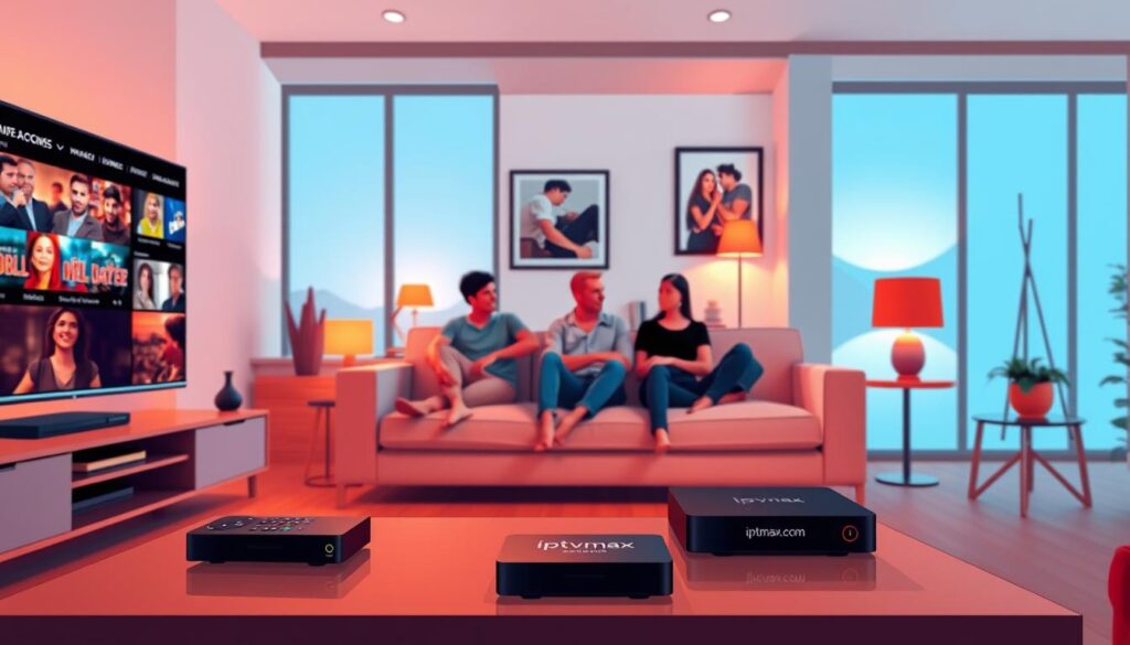 A visually striking illustration showcasing the top IPTV services recommended by Reddit users in Canada in 2026. In the foreground, feature a sleek, modern living room setting with a high-definition television displaying vibrant streaming content. On a stylish coffee table, place devices such as a remote and streaming boxes branded with "iptvmaxcanada.com." In the middle ground, incorporate subtle silhouettes of people relaxed on a couch, dressed in smart casual clothing, sharing opinions and enjoying their IPTV experience together. The background should depict a cozy ambiance with soft lighting from lamps creating a welcoming atmosphere. Use a warm color palette to evoke a sense of community and technology. The composition should capture the essence of modern Canadian home entertainment. A visually striking illustration showcasing the top IPTV services recommended by Reddit users in Canada in 2026. In the foreground, feature a sleek, modern living room setting with a high-definition television displaying vibrant streaming content. On a stylish coffee table, place devices such as a remote and streaming boxes branded with "iptvmaxcanada.com." In the middle ground, incorporate subtle silhouettes of people relaxed on a couch, dressed in smart casual clothing, sharing opinions and enjoying their IPTV experience together. The background should depict a cozy ambiance with soft lighting from lamps creating a welcoming atmosphere. Use a warm color palette to evoke a sense of community and technology. The composition should capture the essence of modern Canadian home entertainment.