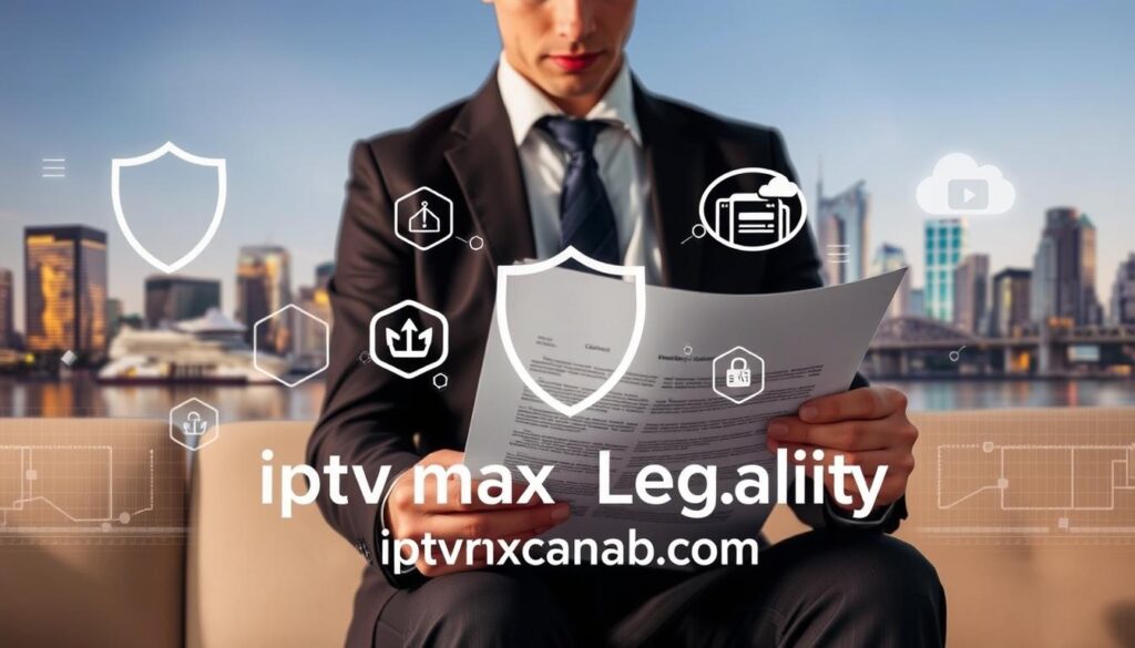 A visually striking image representing the theme of "Safety and Legality of IPTV Service Canada." In the foreground, depict a confident, professional individual in business attire, thoughtfully examining a legal document related to IPTV services, with a laptop open showing a secure streaming interface. In the middle ground, include symbols of safety and legality, such as a shield icon and compliance checkmarks, intertwined with digital elements like cloud storage symbols or network connections. The background should feature a stylized Canadian skyline with a digital overlay, suggesting modern technology and security in the telecommunications landscape. Use soft, warm lighting to create an inviting atmosphere, with a lens focus that highlights the subject's intent, embodying trust and professionalism. Incorporate the brand name "iptvmaxcanada.com" subtly within the design, ensuring clarity without distracting from the main theme. A visually striking image representing the theme of "Safety and Legality of IPTV Service Canada." In the foreground, depict a confident, professional individual in business attire, thoughtfully examining a legal document related to IPTV services, with a laptop open showing a secure streaming interface. In the middle ground, include symbols of safety and legality, such as a shield icon and compliance checkmarks, intertwined with digital elements like cloud storage symbols or network connections. The background should feature a stylized Canadian skyline with a digital overlay, suggesting modern technology and security in the telecommunications landscape. Use soft, warm lighting to create an inviting atmosphere, with a lens focus that highlights the subject's intent, embodying trust and professionalism. Incorporate the brand name "iptvmaxcanada.com" subtly within the design, ensuring clarity without distracting from the main theme.