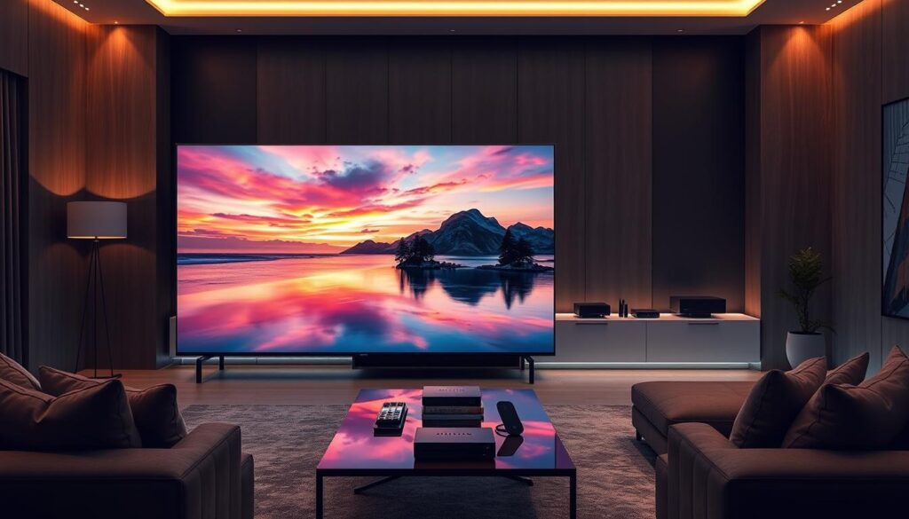 A visually striking image showcasing the essence of "Streaming Quality: 4K, Ultra HD, and Anti-Buffer Technologies". In the foreground, a large modern TV screen displays a vibrant, crystal-clear landscape in 4K resolution, with rich colors and incredible detail. The middle ground features an elegant living room setup, complete with a stylish coffee table and comfortable seating, creating an inviting atmosphere. The background showcases a sleek media console with various streaming devices, subtly illuminated by soft ambient lighting. The overall mood is modern and cutting-edge, symbolizing premium streaming quality. Capture the essence of advanced technology with a focus on clarity and smooth performance, incorporating elements of iptvmaxcanada.com to emphasize top-tier service. Use a wide-angle lens for depth, ensuring the scene feels immersive and dynamic.