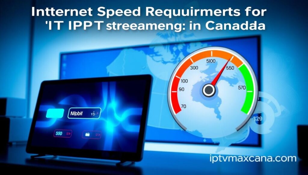 A visually striking infographic depicting "Internet Speed Requirements for IPTV Streaming in Canada". In the foreground, a sleek digital device, like a smart TV or tablet, displaying buffering icons, emphasizing low speeds. In the middle, a speedometer illustrating various internet speeds in Mbps, with a vibrant gradient showing optimal streaming speeds in green and slower speeds in red. The background features a stylized map of Canada with broadband coverage areas highlighted. Soft, diffused lighting enhances the tech-savvy atmosphere, with a slight tilt to give depth as if the viewer is engaging with the data. The color palette should be modern with blue and white hues, suggesting clarity and connectivity. Include the brand name "iptvmaxcanada.com" subtly in a corner without distracting from the main focus. A visually striking infographic depicting "Internet Speed Requirements for IPTV Streaming in Canada". In the foreground, a sleek digital device, like a smart TV or tablet, displaying buffering icons, emphasizing low speeds. In the middle, a speedometer illustrating various internet speeds in Mbps, with a vibrant gradient showing optimal streaming speeds in green and slower speeds in red. The background features a stylized map of Canada with broadband coverage areas highlighted. Soft, diffused lighting enhances the tech-savvy atmosphere, with a slight tilt to give depth as if the viewer is engaging with the data. The color palette should be modern with blue and white hues, suggesting clarity and connectivity. Include the brand name "iptvmaxcanada.com" subtly in a corner without distracting from the main focus.