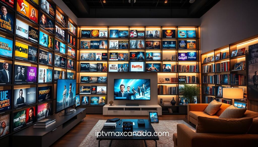 A visually striking representation of an extensive IPTV content library, featuring shelves filled with vibrant and colorful digital displays showcasing various channels, movies, and series on demand. In the foreground, a sleek modern interface highlights popular shows and films, glowing with dynamic previews. The middle ground includes an organized layout of devices, like smart TVs and tablets, illustrating accessibility and viewing options. The background subtly displays a stylish living room setting, bathed in warm ambient lighting, with minimalistic furniture enhancing a cozy atmosphere. The overall mood is inviting and tech-savvy, encapsulating the essence of entertainment. Include the brand "iptvmaxcanada.com" creatively within the environment, ensuring no text overlays distract from the visuals. Use a wide-angle perspective, focusing on clarity and detail in the digital displays, while maintaining a polished aesthetic. A visually striking representation of an extensive IPTV content library, featuring shelves filled with vibrant and colorful digital displays showcasing various channels, movies, and series on demand. In the foreground, a sleek modern interface highlights popular shows and films, glowing with dynamic previews. The middle ground includes an organized layout of devices, like smart TVs and tablets, illustrating accessibility and viewing options. The background subtly displays a stylish living room setting, bathed in warm ambient lighting, with minimalistic furniture enhancing a cozy atmosphere. The overall mood is inviting and tech-savvy, encapsulating the essence of entertainment. Include the brand "iptvmaxcanada.com" creatively within the environment, ensuring no text overlays distract from the visuals. Use a wide-angle perspective, focusing on clarity and detail in the digital displays, while maintaining a polished aesthetic.