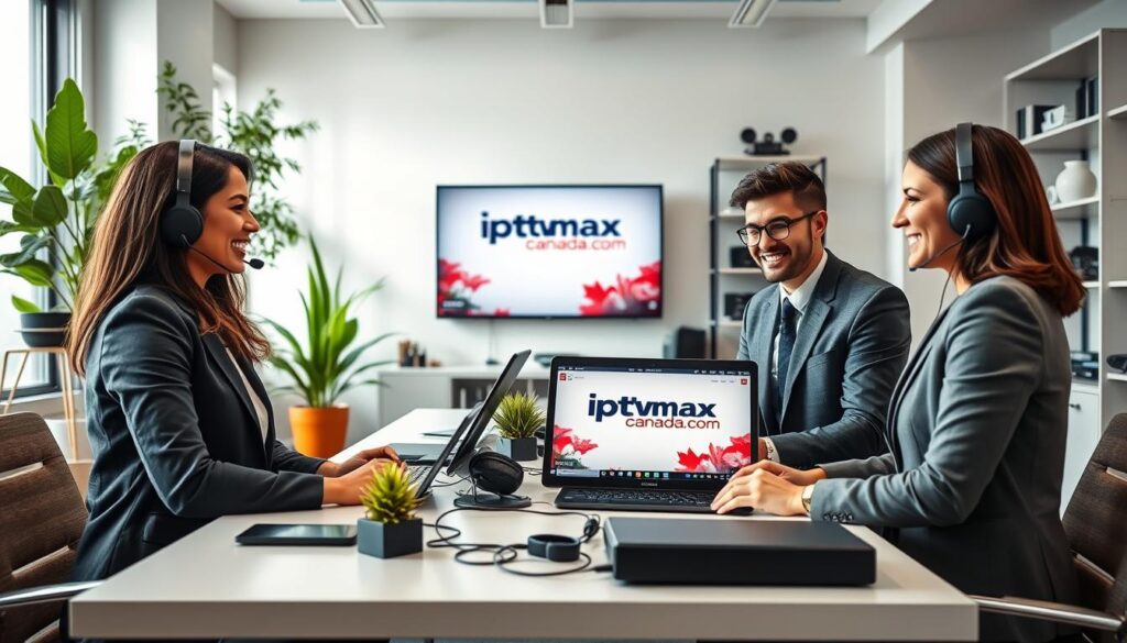 A welcoming IPTV customer support scene set in a modern Canadian office. In the foreground, a diverse team of three customer support representatives, one woman of Asian descent, one man of Black descent, and one woman of Caucasian descent, all dressed in smart casual attire, are engaged in a friendly discussion at a sleek desk filled with headsets, tablets, and a laptop displaying IPTV services. The middle ground features a contemporary office space with large windows letting in soft natural light, houseplants, and a digital screen showcasing the logo "iptvmaxcanada.com." In the background, there are shelves filled with tech gadgets and customer care resources. The atmosphere is professional yet inviting, conveying a sense of reliability and dedication to assisting Canadian users with their streaming needs. A welcoming IPTV customer support scene set in a modern Canadian office. In the foreground, a diverse team of three customer support representatives, one woman of Asian descent, one man of Black descent, and one woman of Caucasian descent, all dressed in smart casual attire, are engaged in a friendly discussion at a sleek desk filled with headsets, tablets, and a laptop displaying IPTV services. The middle ground features a contemporary office space with large windows letting in soft natural light, houseplants, and a digital screen showcasing the logo "iptvmaxcanada.com." In the background, there are shelves filled with tech gadgets and customer care resources. The atmosphere is professional yet inviting, conveying a sense of reliability and dedication to assisting Canadian users with their streaming needs.