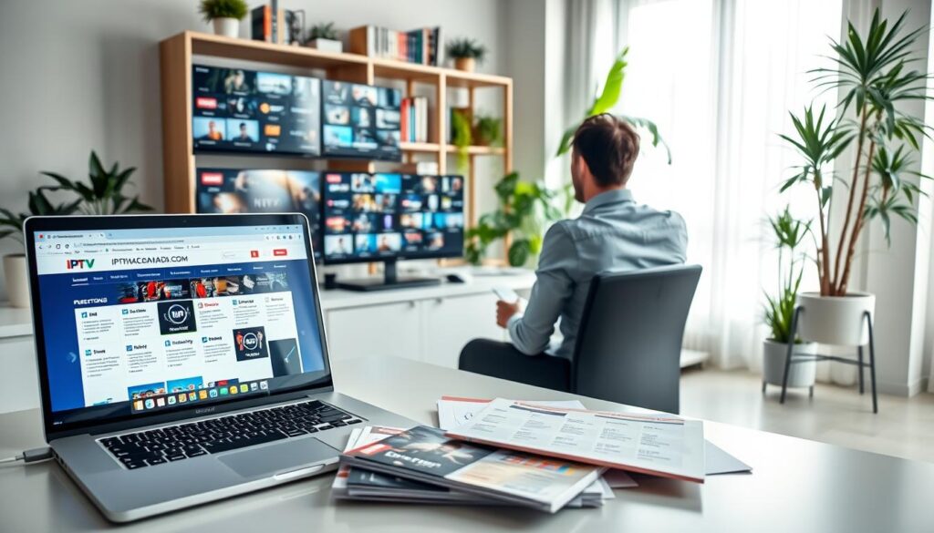 A well-lit home office scene, featuring a professional individual in business attire sitting at a sleek desk with multiple screens displaying a grid of IPTV options. The foreground includes a laptop open to a web browser showcasing the "iptvmaxcanada.com" homepage. In the middle ground, a selection of brochures and pricing charts scattered across the desk, highlighting different IPTV subscription plans. The background features a modern bookshelf filled with tech-related literature, potted plants, and a large window letting in soft, natural light, creating an inviting atmosphere. The overall mood is focused and attentive, emphasizing the importance of careful decision-making when choosing the best IPTV subscription plan.