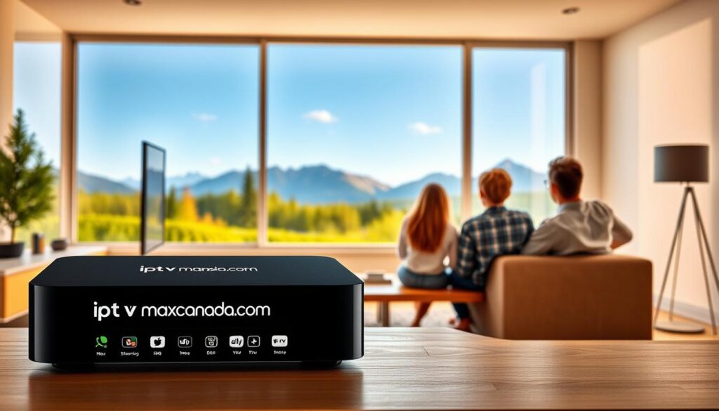 A well-organized layout showcasing the benefits of an IPTV box in Canada. In the foreground, display a sleek IPTV box prominently labeled "iptvmaxcanada.com" with various streaming icons symbolizing popular content platforms. In the middle ground, illustrate a cozy living room scene with a family gathered around a modern TV, watching content together, each member dressed in casual, comfortable clothing. In the background, a window reveals a serene Canadian landscape with nature elements like trees and mountains, reflecting a peaceful atmosphere. The lighting is warm and inviting, suggesting a late afternoon setting, with soft shadows emphasizing the welcoming vibe. The overall mood should be friendly and informative, highlighting the convenience and entertainment that an IPTV box brings to Canadian households. A well-organized layout showcasing the benefits of an IPTV box in Canada. In the foreground, display a sleek IPTV box prominently labeled "iptvmaxcanada.com" with various streaming icons symbolizing popular content platforms. In the middle ground, illustrate a cozy living room scene with a family gathered around a modern TV, watching content together, each member dressed in casual, comfortable clothing. In the background, a window reveals a serene Canadian landscape with nature elements like trees and mountains, reflecting a peaceful atmosphere. The lighting is warm and inviting, suggesting a late afternoon setting, with soft shadows emphasizing the welcoming vibe. The overall mood should be friendly and informative, highlighting the convenience and entertainment that an IPTV box brings to Canadian households.