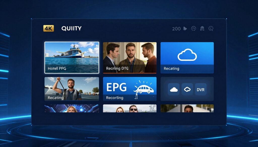 Advanced IPTV technology interface showing 4K streaming and modern features