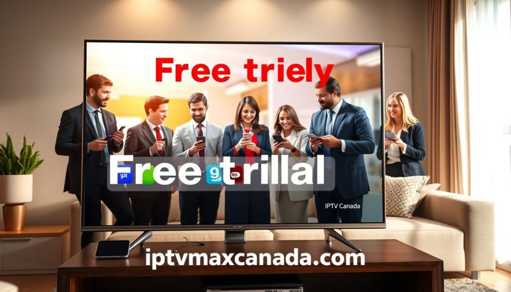 An inviting and informative image depicting IPTV services in Canada, focusing on free trial offers. In the foreground, display a sleek television screen showcasing a vibrant interface featuring various streaming icons, symbolizing content accessibility. The middle layer should include an animated representation of a diverse group of professionally dressed people, including men and women, engaging with their devices, smiling, and discussing IPTV options, conveying a sense of excitement and community. The background features a softly lit modern living room setting, with warm tones that enhance the welcoming atmosphere. Incorporate the brand name "iptvmaxcanada.com" subtly within the design. Use natural light sources for a bright, engaging scene, shot from a slightly elevated angle to capture the lively interaction and the cozy environment. An inviting and informative image depicting IPTV services in Canada, focusing on free trial offers. In the foreground, display a sleek television screen showcasing a vibrant interface featuring various streaming icons, symbolizing content accessibility. The middle layer should include an animated representation of a diverse group of professionally dressed people, including men and women, engaging with their devices, smiling, and discussing IPTV options, conveying a sense of excitement and community. The background features a softly lit modern living room setting, with warm tones that enhance the welcoming atmosphere. Incorporate the brand name "iptvmaxcanada.com" subtly within the design. Use natural light sources for a bright, engaging scene, shot from a slightly elevated angle to capture the lively interaction and the cozy environment.