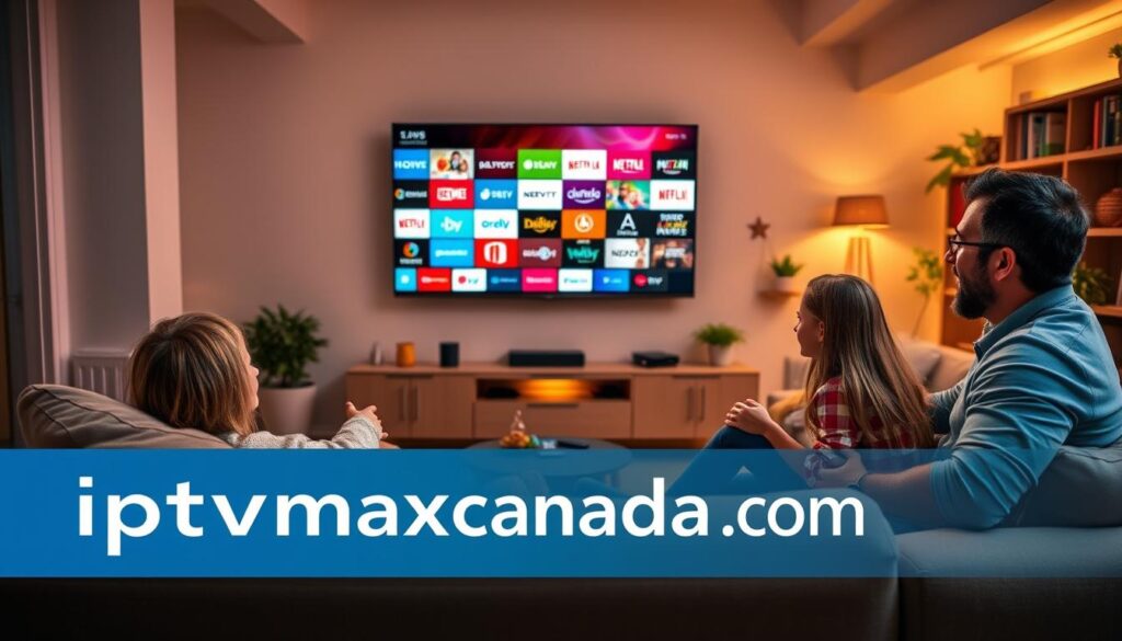 An inviting living room featuring a sleek smart TV displaying a vibrant IPTV interface tailored for Canada, showcasing a selection of popular channels. In the foreground, a comfortable sofa with cushions and a small coffee table with a remote control and snacks. The middle layer includes a smart TV mounted on the wall, glowing softly from its screen displaying colorful, distinct channel icons. The background reveals a homey ambiance with bookshelves and houseplants, illuminated by warm, ambient lighting creating a cozy atmosphere. The scene captures a family enjoying their IPTV experience together, dressed in casual clothing, exhibiting expressions of engagement and joy. Highlight the brand "iptvmaxcanada.com" prominently on the TV screen. An inviting living room featuring a sleek smart TV displaying a vibrant IPTV interface tailored for Canada, showcasing a selection of popular channels. In the foreground, a comfortable sofa with cushions and a small coffee table with a remote control and snacks. The middle layer includes a smart TV mounted on the wall, glowing softly from its screen displaying colorful, distinct channel icons. The background reveals a homey ambiance with bookshelves and houseplants, illuminated by warm, ambient lighting creating a cozy atmosphere. The scene captures a family enjoying their IPTV experience together, dressed in casual clothing, exhibiting expressions of engagement and joy. Highlight the brand "iptvmaxcanada.com" prominently on the TV screen.